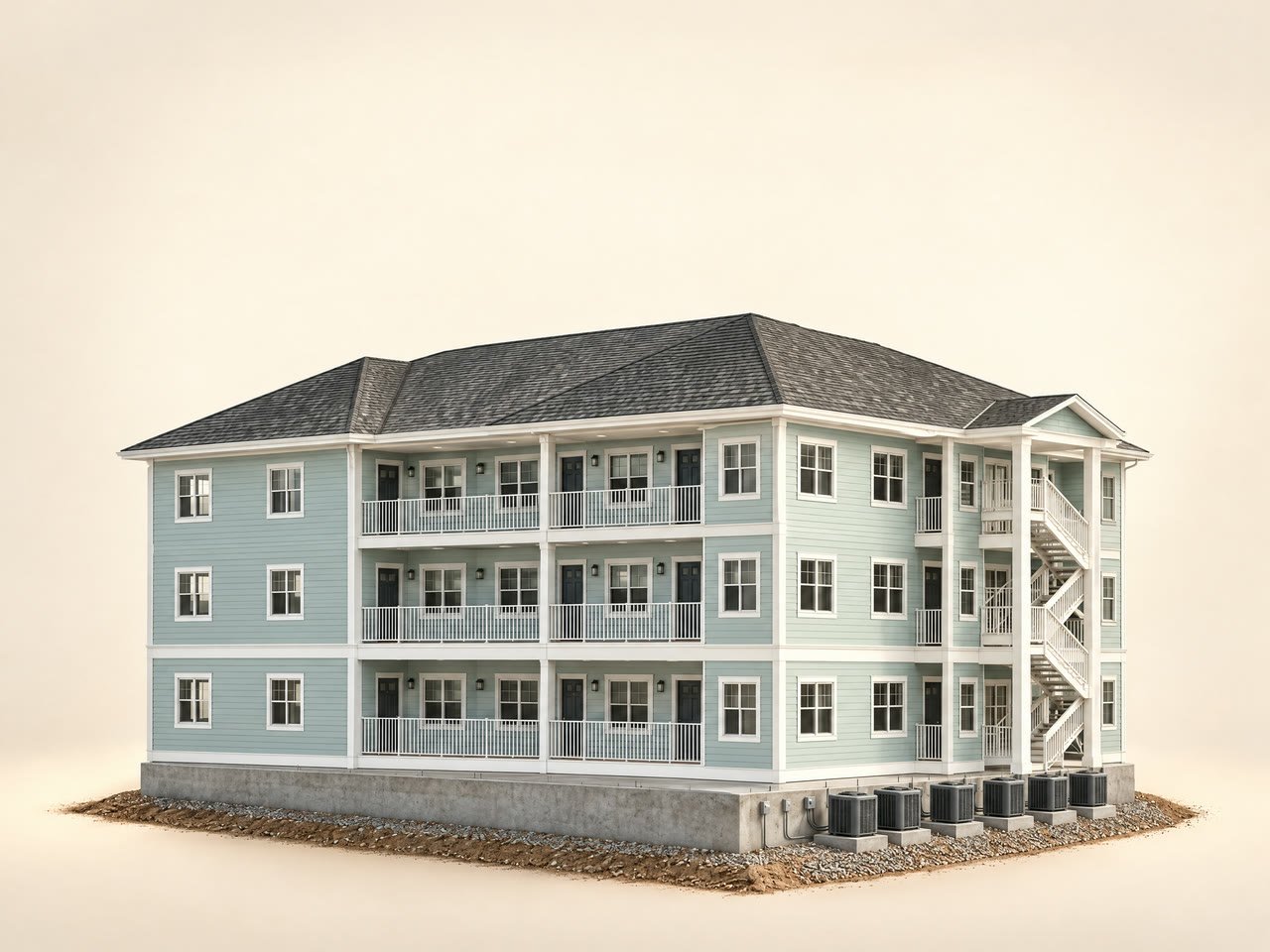 A finished three storey coastal apartment building with every trade in place