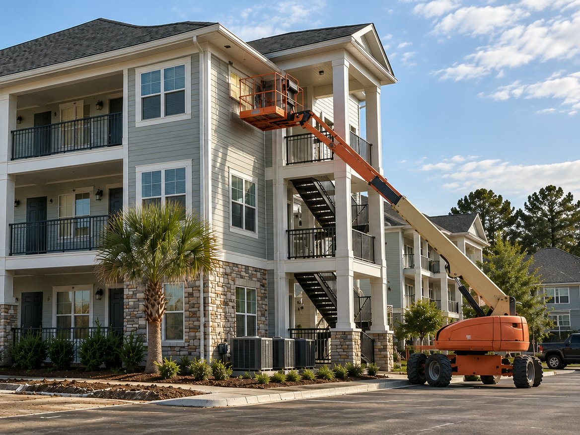 A three storey coastal apartment building with a boom lift raised to the upper balcony for exterior work, and building materials stacked in the foreground