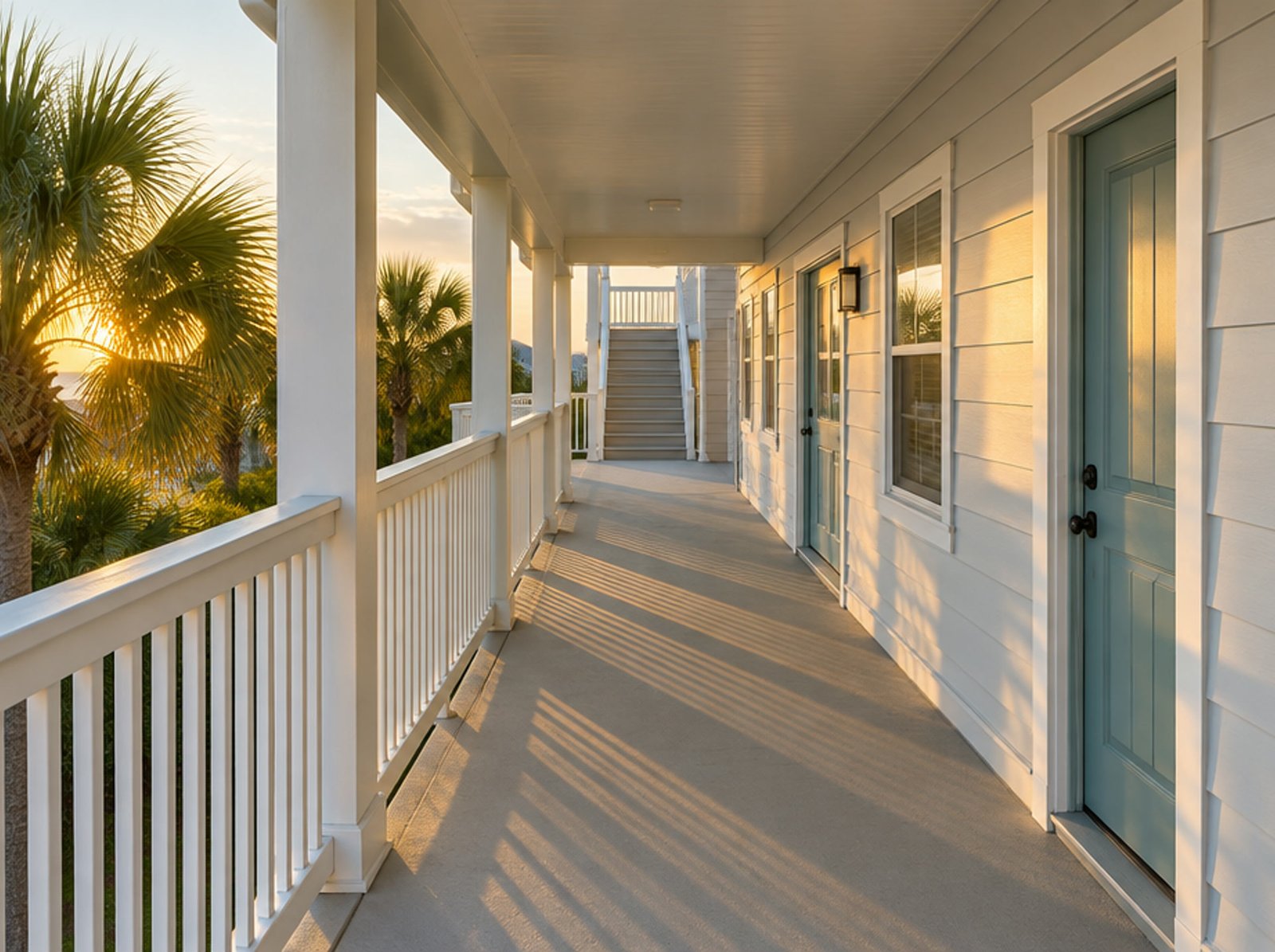 A coastal apartment breezeway with white railings, teal unit doors and a stair tower in the distance at golden hour