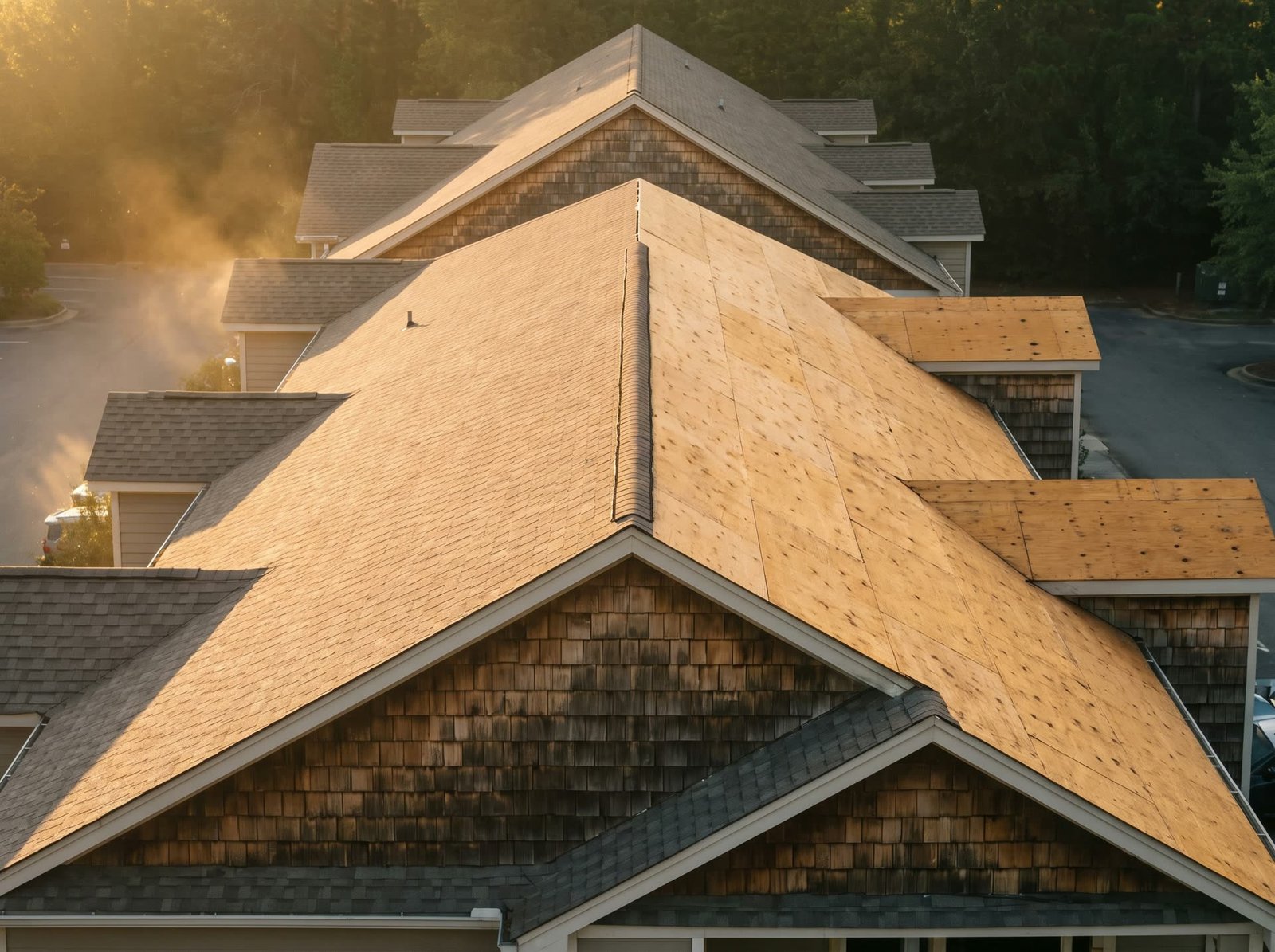 A roof midway through replacement, old shingles stripped to bare sheathing on one slope