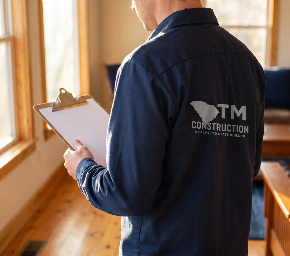 A TM Construction contractor in a branded work shirt writing on a clipboard in a finished room, seen from behind in golden hour light from a window