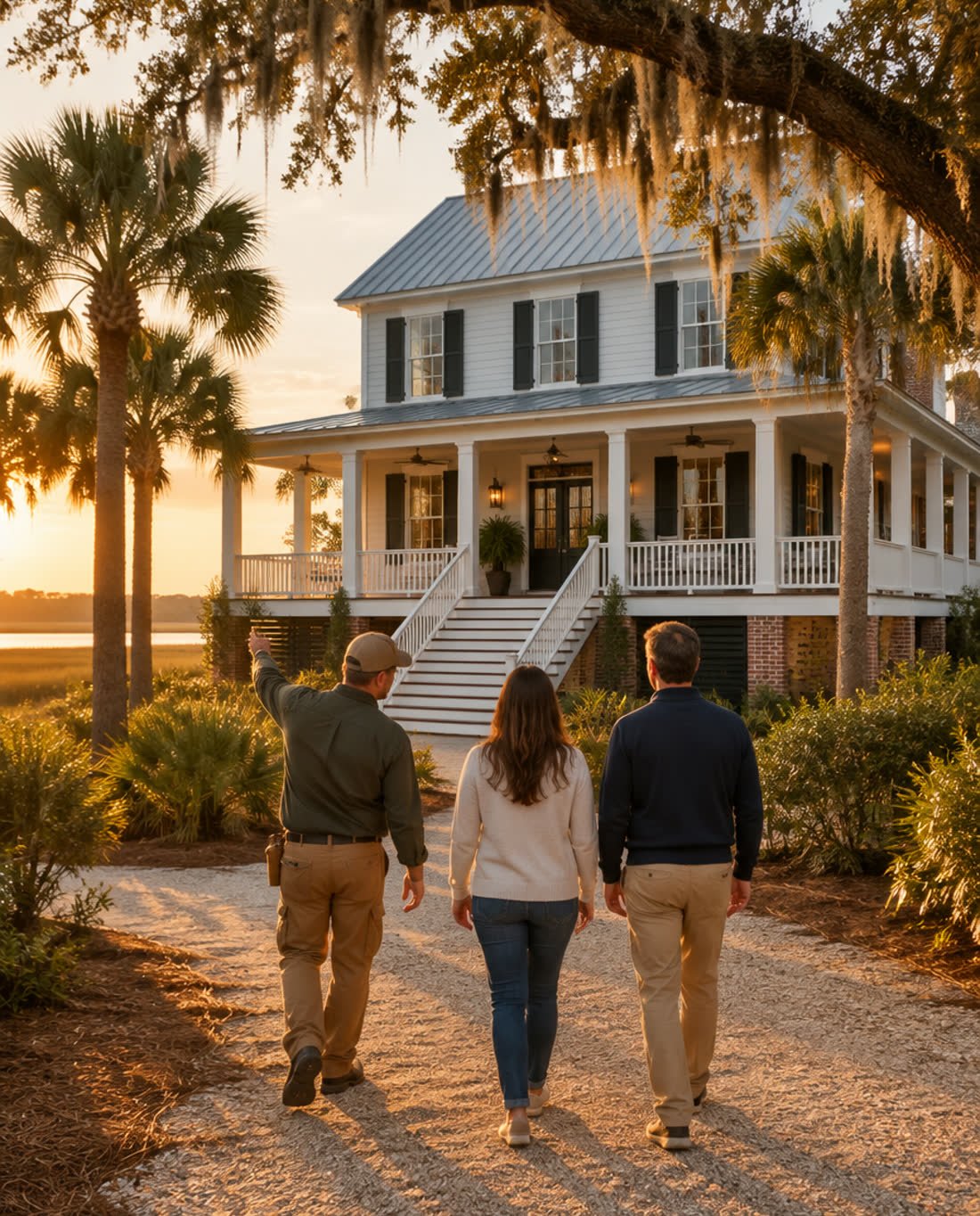 A TM Construction contractor walking a coastal property with two homeowners at golden hour, gesturing up toward the roofline of a cedar shake house while they look on