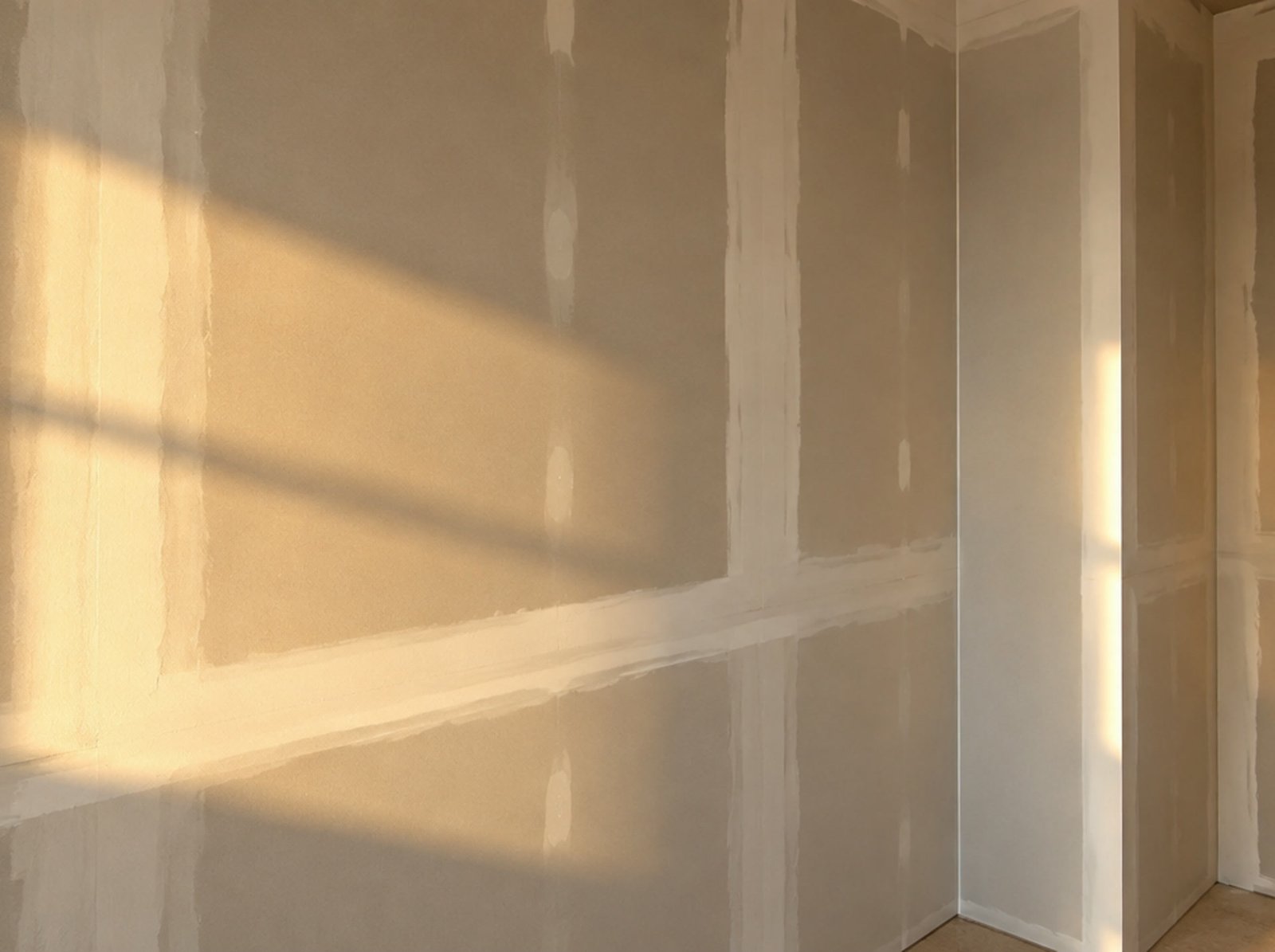 Hung and taped drywall walls in an unfinished room with golden light coming through a window