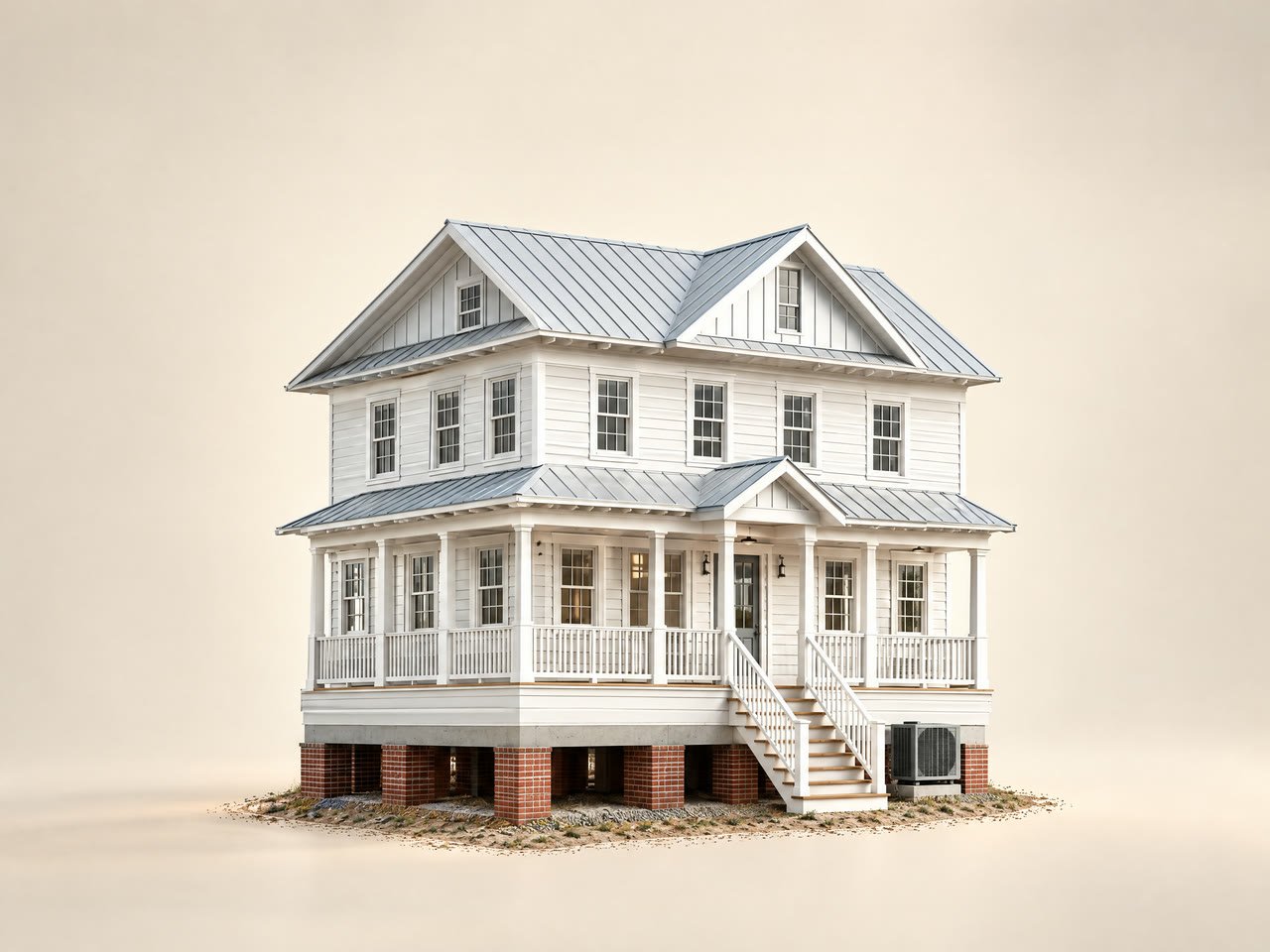 A finished coastal home with every trade in place: foundation, framing, plumbing, siding, ductwork and roof