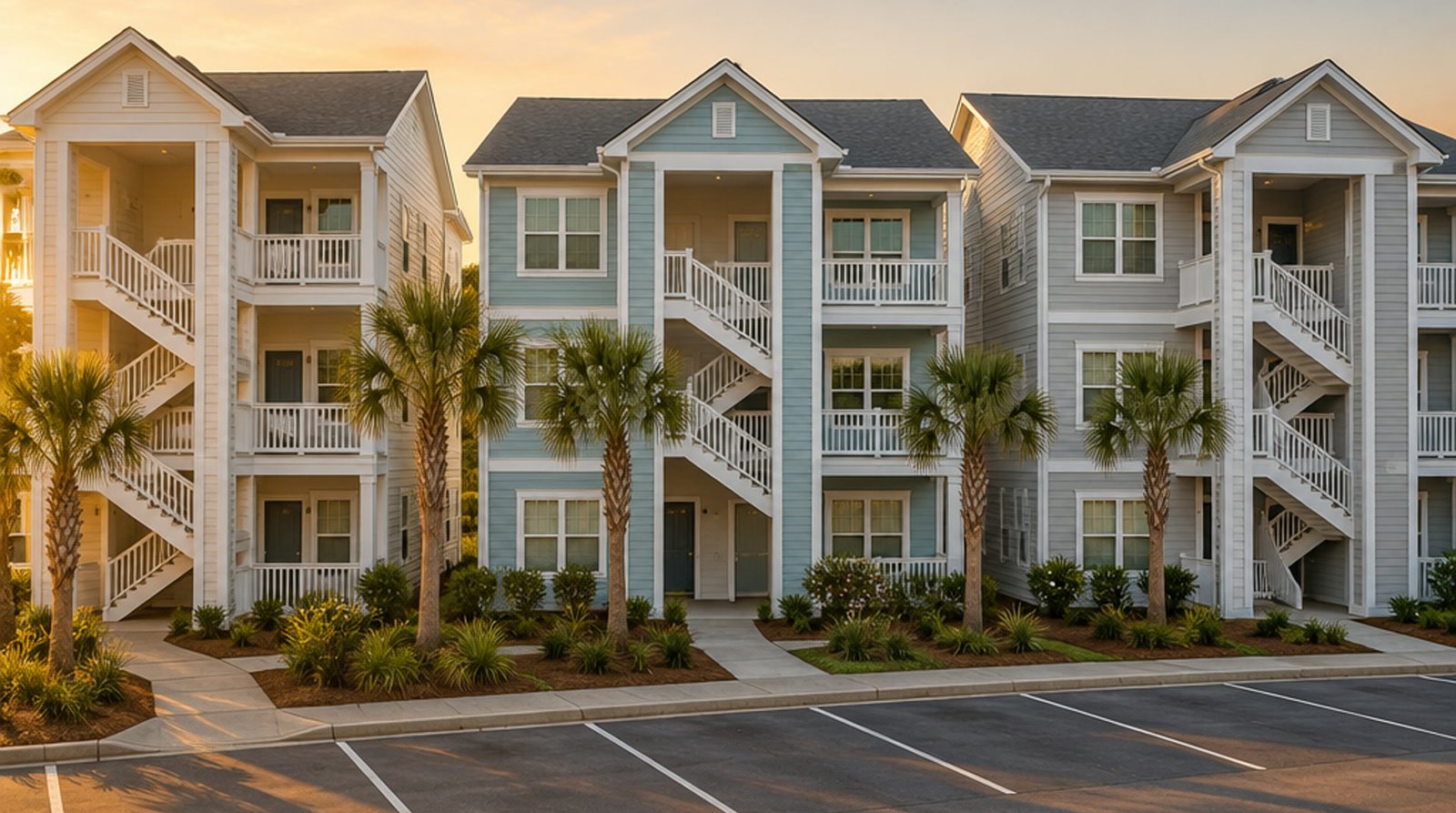 Multi building complex exterior, roofs and siding complete