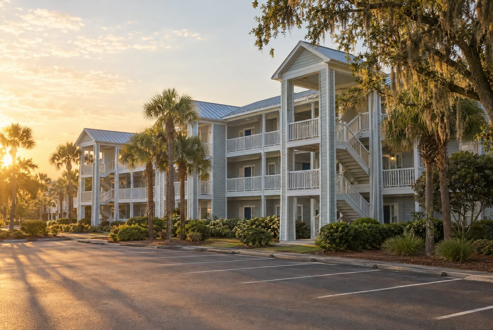 A three storey apartment building with open breezeways and exterior stairs in low evening sun
