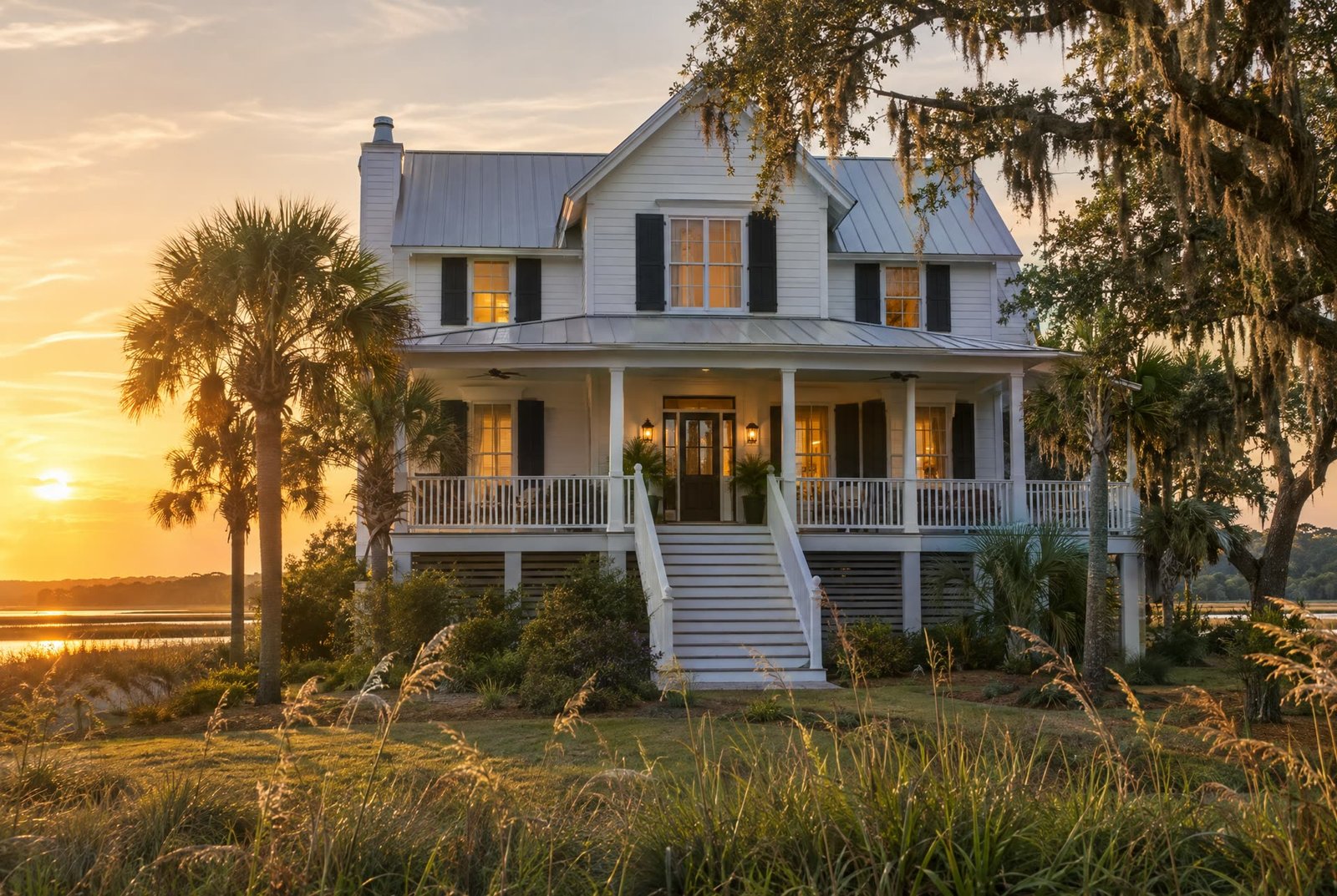 A finished coastal home with board and batten siding and a deep covered porch at golden hour