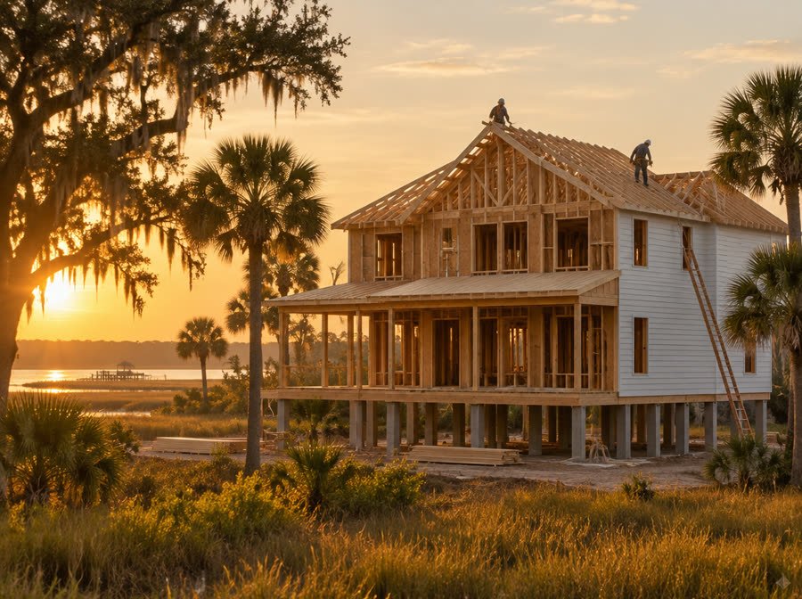 A raised coastal home being framed, with two builders working on the roof trusses at golden hour