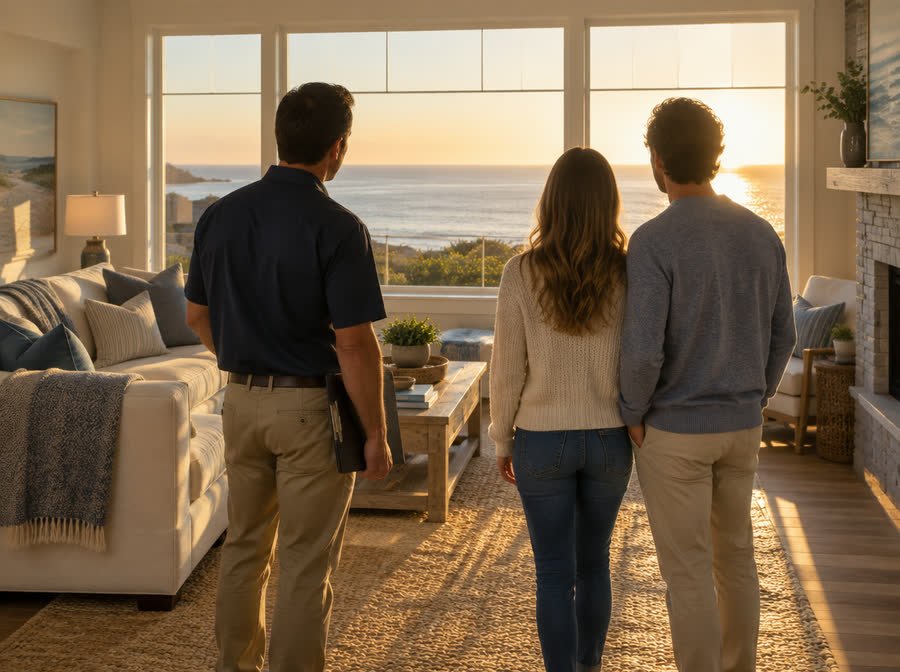 A contractor holding a clipboard standing with two homeowners in a finished living room, all seen from behind, looking out through a window to the ocean at sunset