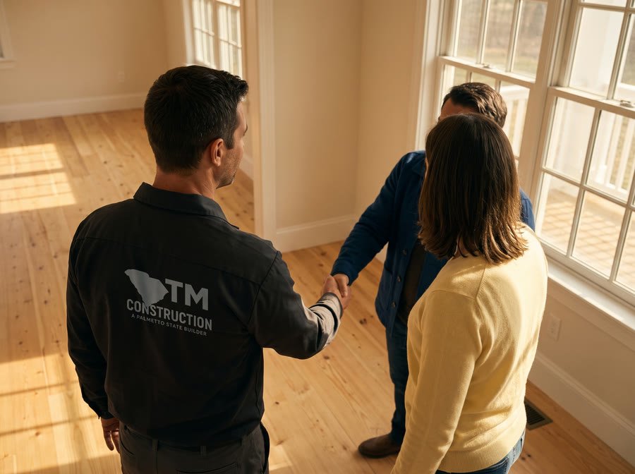 A contractor in a TM Construction work shirt shaking hands with two homeowners in a finished renovated room, all seen from behind