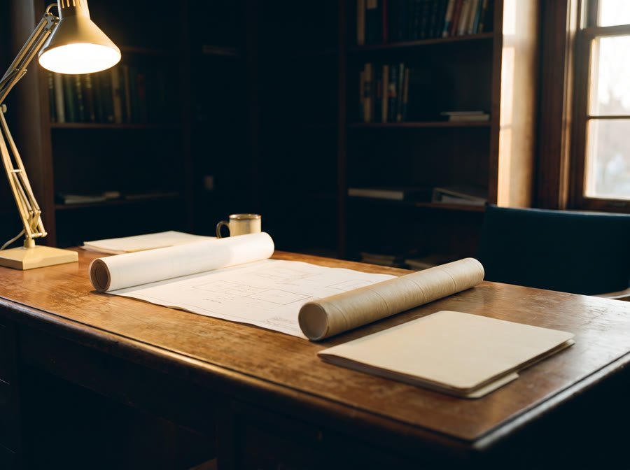Architectural drawings unrolled across a desk beside a permit folder under a warm lamp