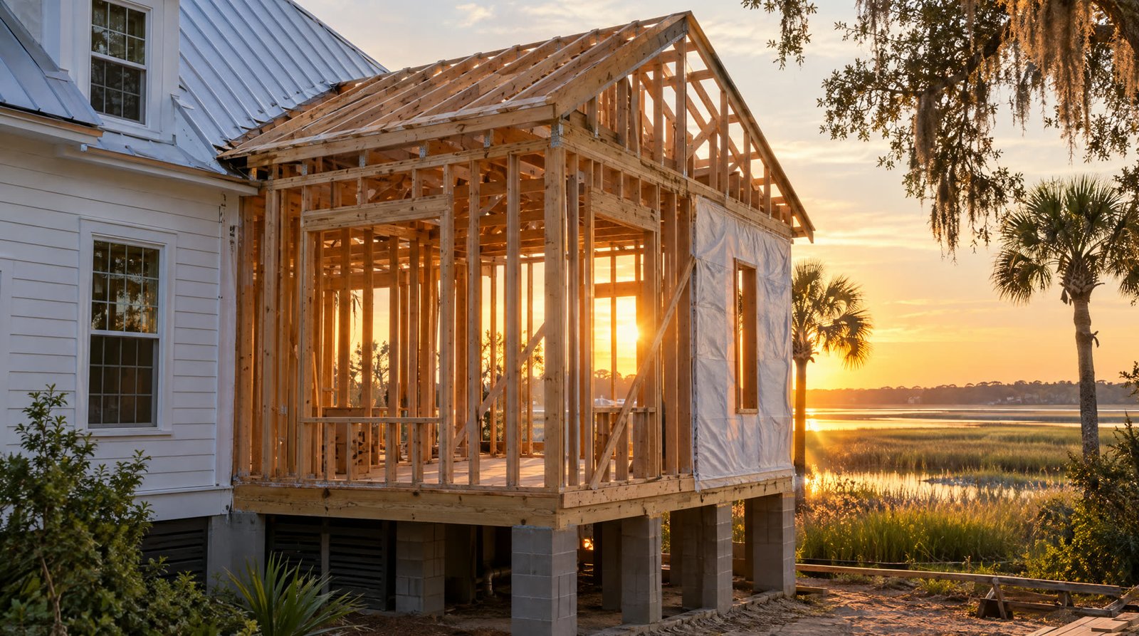 A new room addition framed onto the side of an existing coastal home