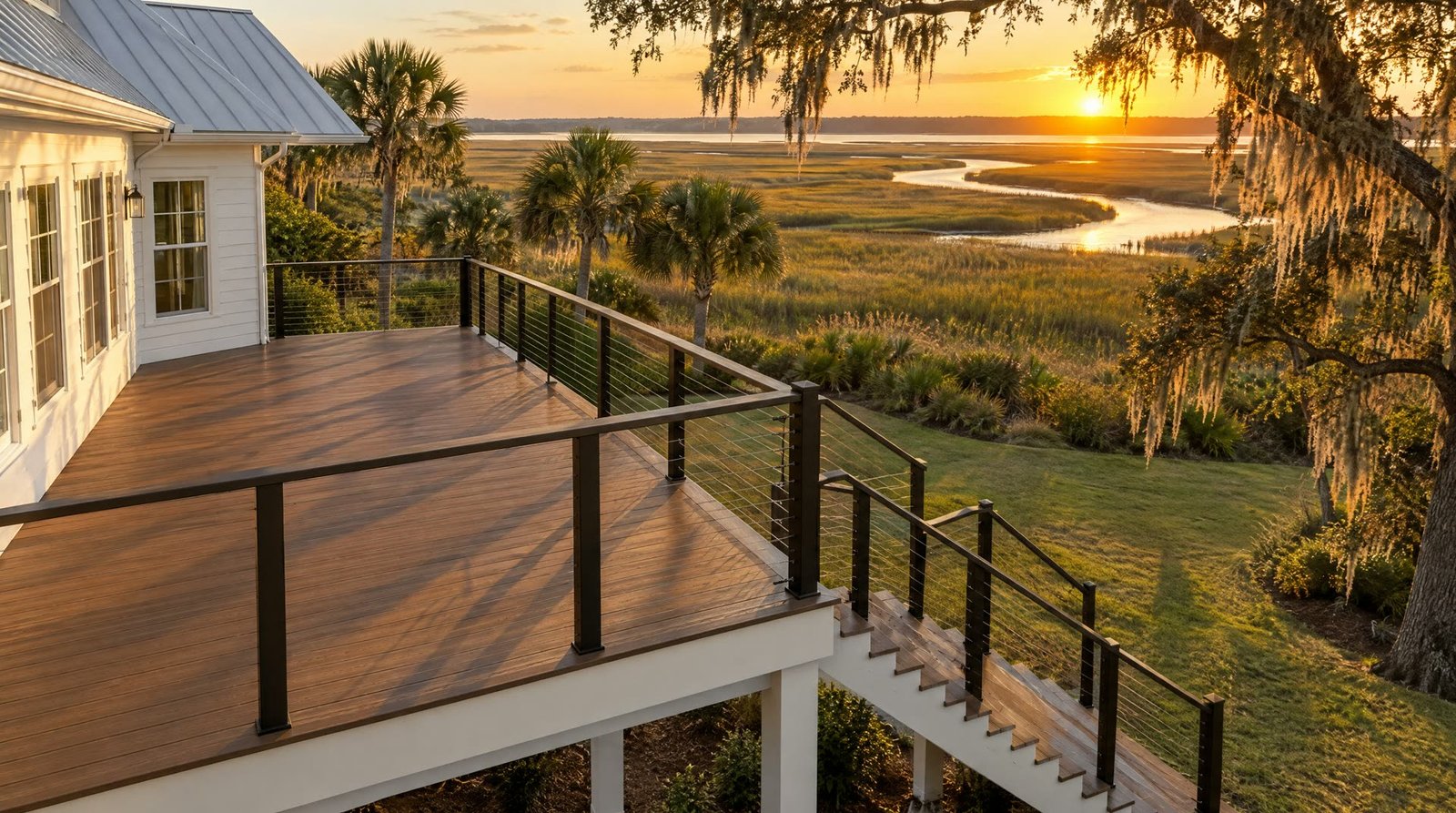 A finished composite deck with cable railing overlooking tidal marsh at sunset