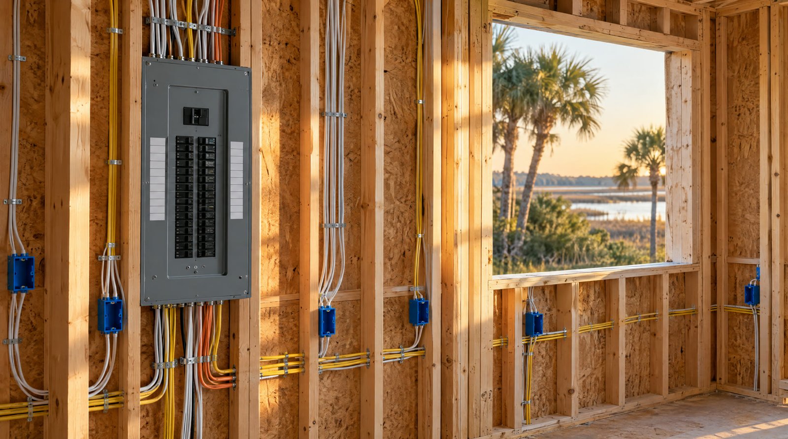 Electrical cable runs neatly stapled through open stud framing in golden light