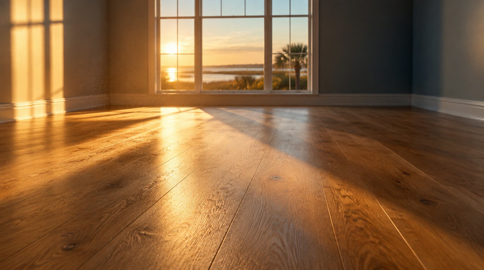 New wide plank oak flooring running toward a window, low golden sun raking across the boards