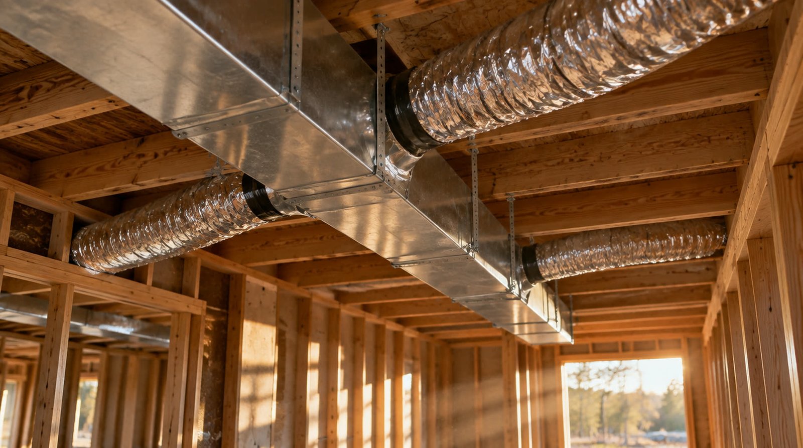 Sheet metal ductwork and insulated flex runs strapped to ceiling joists before the drywall goes on