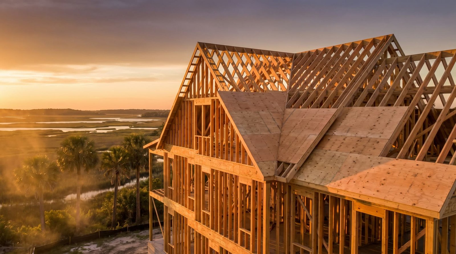 A new custom home framed with roof trusses set, against a marsh sunset