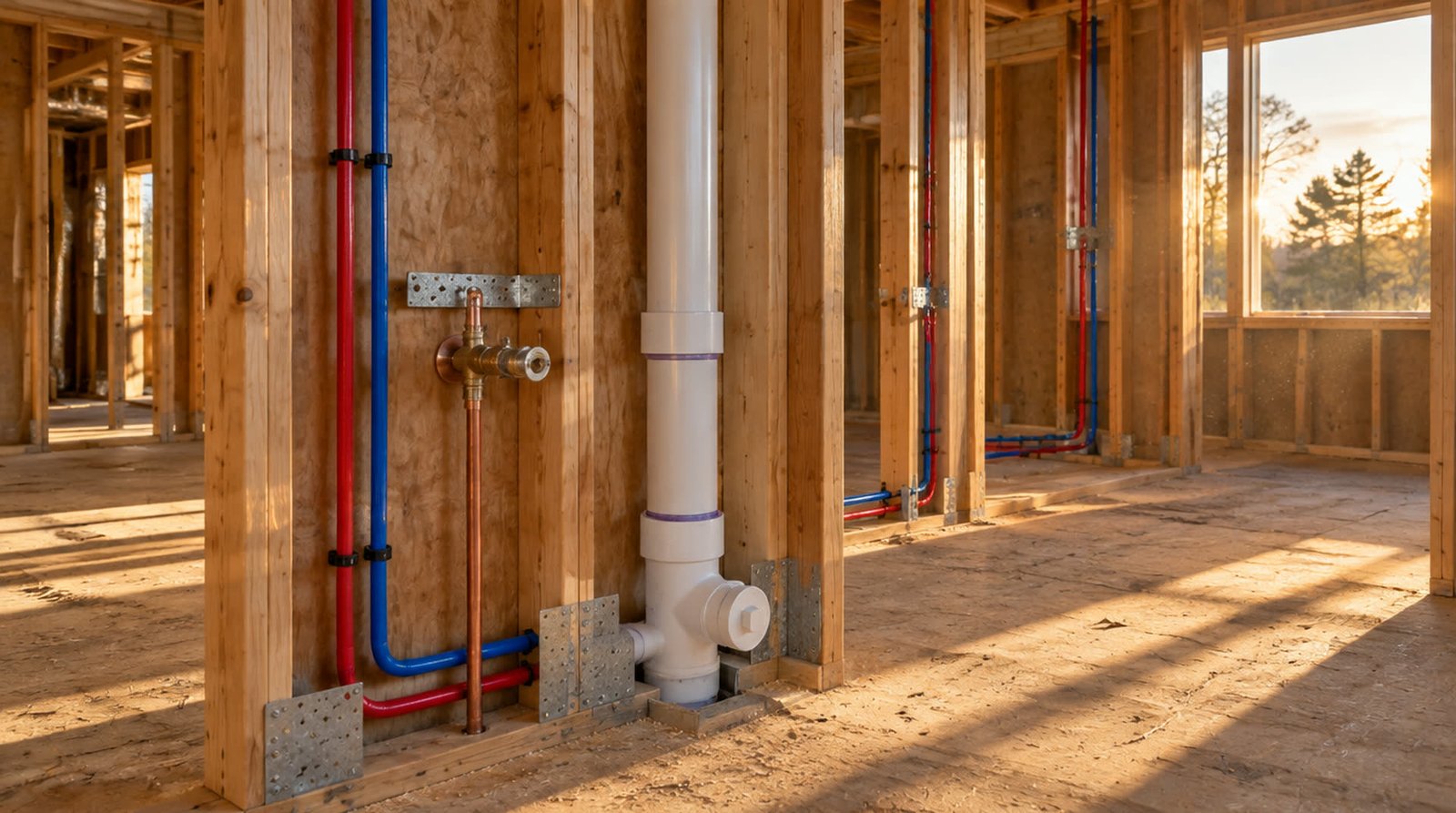 A copper stub-out and valve on a stud, with red and blue PEX lines and a white waste stack in open framing