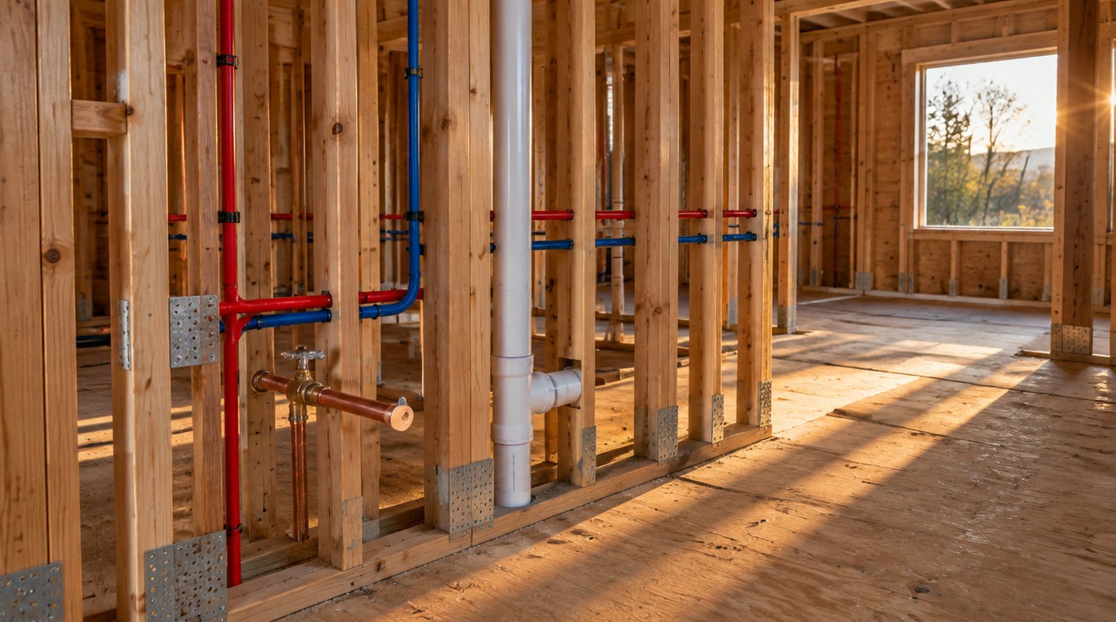 Red and blue PEX water lines and a copper stub-out run through open stud framing, with a white waste stack and a window onto the treeline beyond