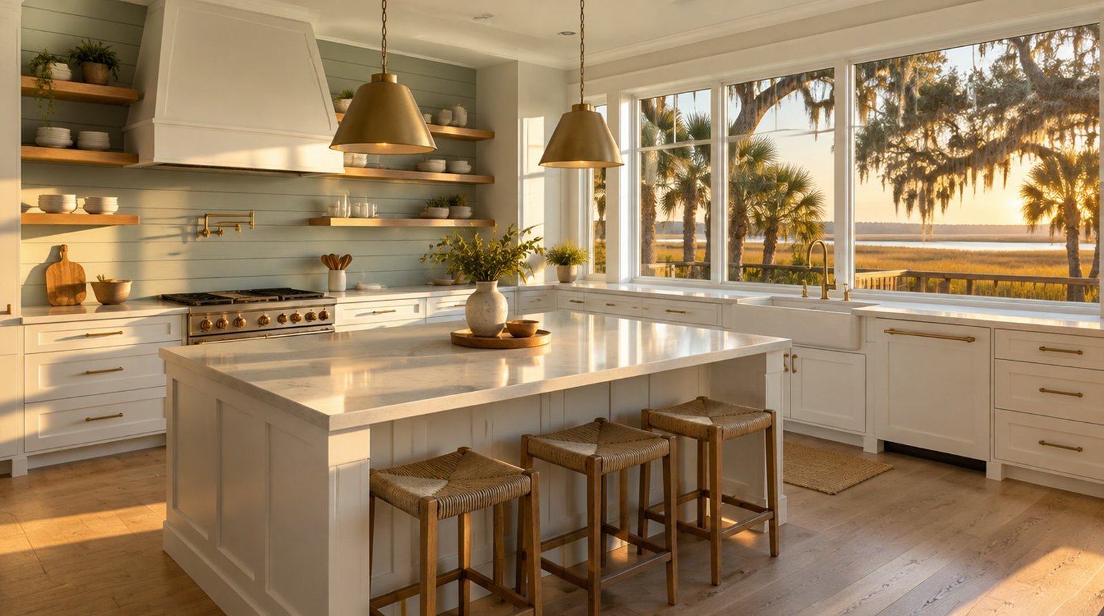 A remodeled kitchen with a white island, brass pendant lights and tall windows looking over a marsh at golden hour