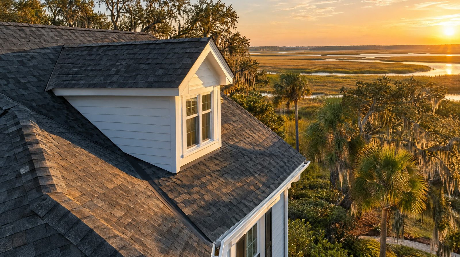 A newly shingled roof with a clean ridge cap on a coastal home