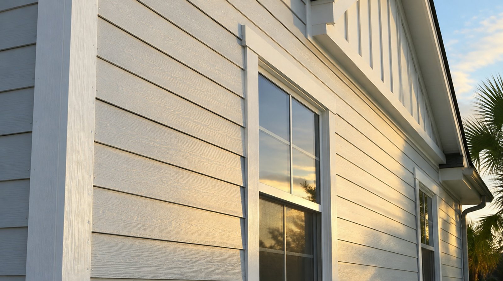 Fiber cement board and batten siding on a coastal home with deep shadow lines