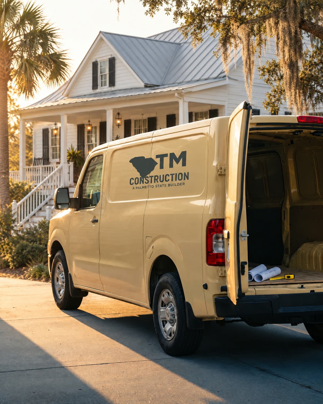 A TM Construction work van parked in a driveway at golden hour, rear doors open with rolled plans and a tape measure inside